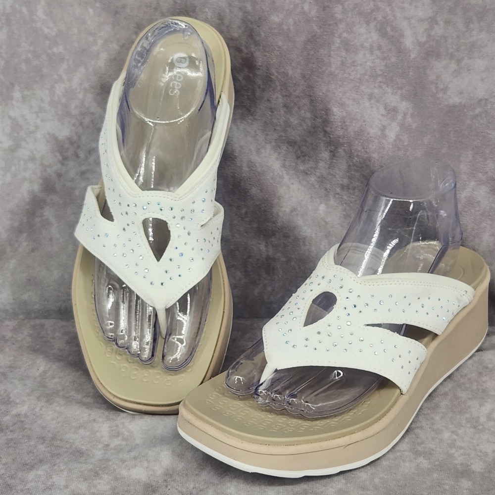 Bzees White Embellished Rhinestone Wedge Sandals Shoes Womens 10 Flip Flop Thong